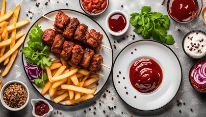 Grilled Meat Skewers with French Fries and Sauces