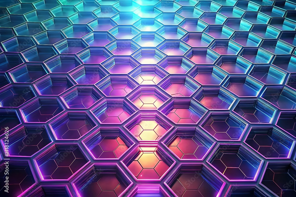 Poster vibrant hexagonal patterns illuminated futuristic abstract design