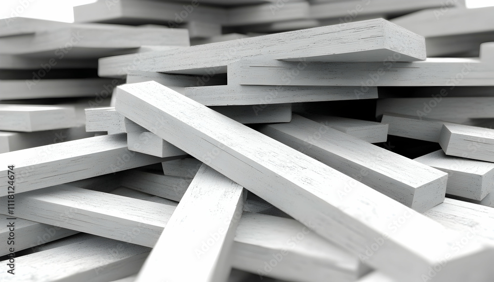 Poster abstract monochrome image of a chaotic pile of white rectangular wooden blocks, showcasing texture a