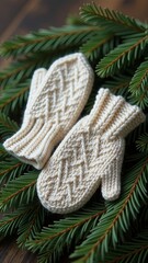 Cream knitted mittens on pine branches. Cozy winter accessory with soft texture, rustic festive