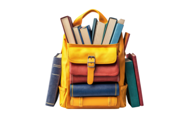 Colorful Backpack Filled with Books on White Background