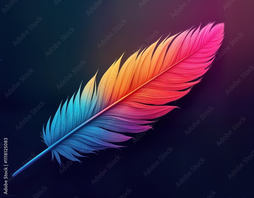 Poster vibrant gradient feather design. bold colors. abstract feather art. intricate texture. colorful bird