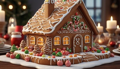 Naklejka premium Decorative Gingerbread House with Holiday Candies and Warm Lighting