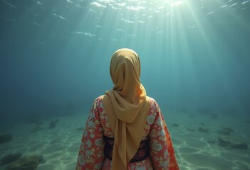 Woman in embroidered kimono and beige hijab standing underwater with sunlight beams