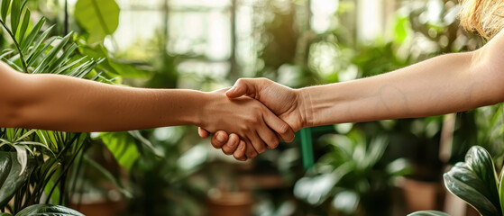 Two hands shake in a green, plant-filled environment, symbolizing agreement, partnership, or collaboration.