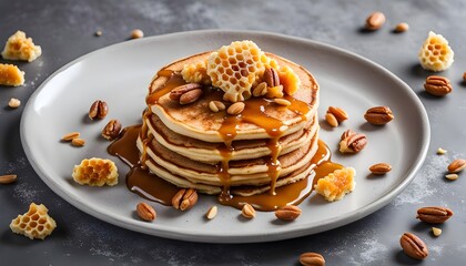 Kiseki Pancake with Honeycomb and Nut Butter in white plate on grey background
