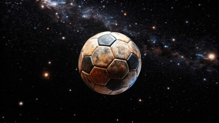 A Worn Soccer Ball Floating in a Starry Night Sky