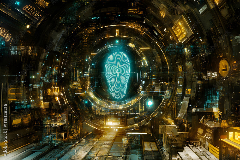 Poster futuristic biometric security system; abstract digital fingerprint in glowing teal within a complex,