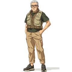 Obraz premium Anime middle-aged man in a utility vest with joggers on a white background.