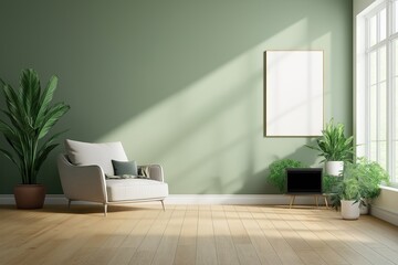 Empty living room with green walls and hardwood floor is decorated with potted plants. Modern style interior design. A white armchair and plants add a touch of nature. The room is bright and spacious.