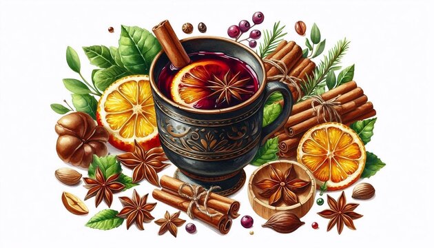 mulled wine with spices and orange slices clip art preview
