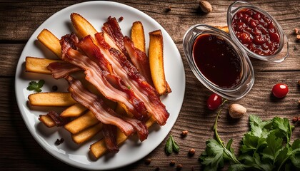 Crispy Bacon and French Fries with Dipping Sauces
