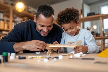 Fototapeta premium This image captures a playful moment of a dad assisting his son in assembling a wooden airplane model, celebrating creativity and the importance of quality time together.