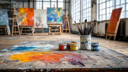 Artist Painting on a Large Canvas in a Traditional Studio