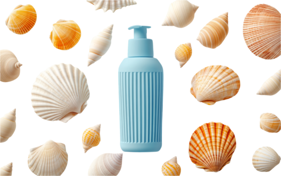 Blue Bottle with Seashells on Transparent Background