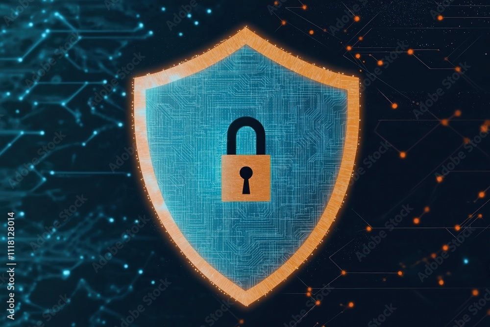 Poster digital shield protects data. modern technology safeguards information. cybersecurity protects netwo