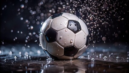 Fototapeta premium A Wet Soccer Ball With Droplets of Water on Black Background