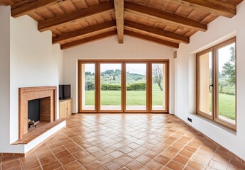Rustic living room with terracotta tile floor, wooden beams, fireplace, and large windows offering scenic views.
