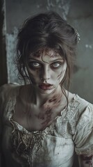 Zombie woman. Post-apocalyptic makeup. Horror. Holiday. Traditions.