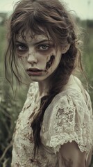 Zombie woman. Post-apocalyptic makeup. Horror. Holiday. Traditions.