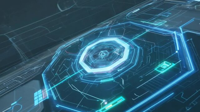 A futuristic digital interface featuring an octagonal design with glowing elements.