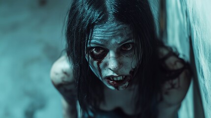 Zombie woman. Post-apocalyptic makeup. Horror. Holiday. Traditions.