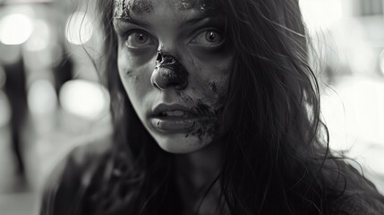 Zombie woman. Post-apocalyptic makeup. Horror. Holiday. Traditions.