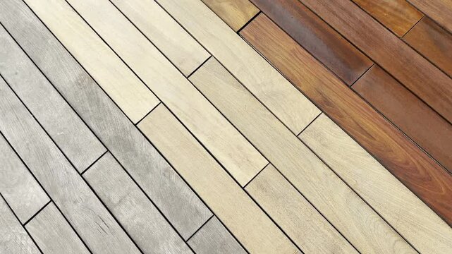 Wood deck floor renovation improvement, before and after- weathered, sanded, stained