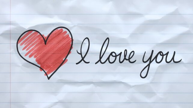 Hand-drawn heart and i love you message on crumpled lined paper