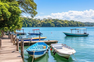 Scenic view of boats docked by a tranquil lake surrounded by lush greenery.