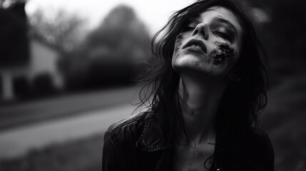 Zombie woman. Post-apocalyptic makeup. Horror. Holiday. Traditions.