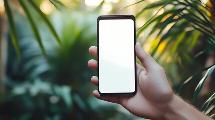 Close up of hand holding smartphone with blank green screen. mockup hand holds a smartphone with a green screen chroma key. Chroma. Illustration