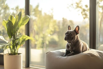 Dark gray french bulldog sitting on a soft cushion near a large window with green plants and natural light