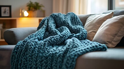 Teal Knit Blanket Draped Over Cozy Living Room Sofa