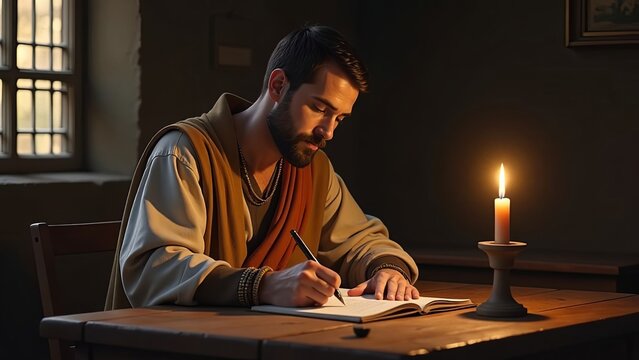 Apostle Matthew writing the gospel by candlelight, quill in hand. A serene and illuminated scene of