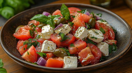 Salad with tomatoes, feta, olives and Basil, serving on a dark background, tatsy food