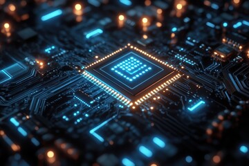 Obraz premium A high-tech image focusing on a glowing microchip centered on a complex circuit board