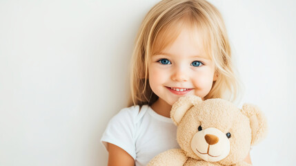 Little girl smiles brightly while holding her cherished teddy bear in a joyful close-up portrait set against a pure white backdrop