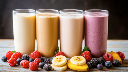 Delicious selection of protein shakes featuring a variety of flavors and textures served in vibrant glasses with fresh fruit garnishes