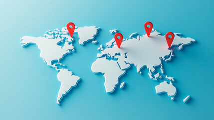 Exploring global connections through a creative 3D world map displaying vibrant red pins on a soothing blue backdrop illuminated by white accents