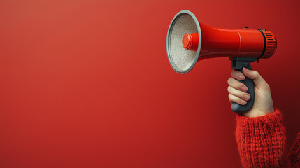 Woman holding megaphone speaker on red background, closeup. Space for text