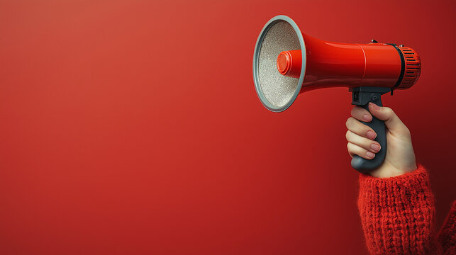 Woman holding megaphone speaker on red background, closeup. Space for text