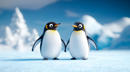 Fototapeta premium Penguins sharing a tender moment on a winter afternoon in a serene icy landscape highlighting their unique bond