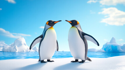 Fototapeta premium Penguins share a tender moment on a sunlit icy slope, highlighting their companionship amidst the serene winter landscape