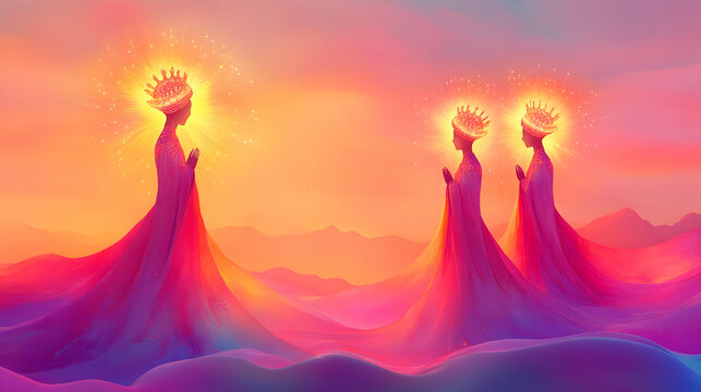 Soft abstract Reyes Magos with radiant halos and copy space concept as Gentle camera movement over a soft abstract scene depicting Reyes Magos adorned with radiant halos symbolizing holiness and wisdo