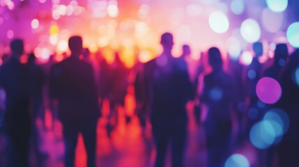 A vibrant networking event with business professionals engaging in conversation, blurred figures creating a sense of motion and activity