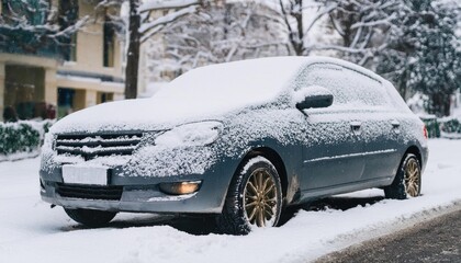 car covered in snow and parked on a snowy street
