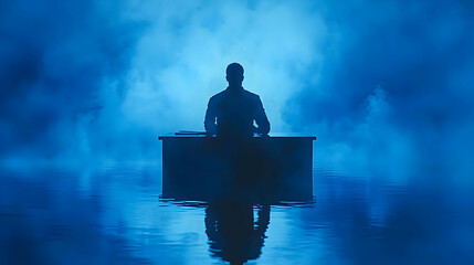 Fototapeta premium Solitary Worker in Blue Office concept as Individual working alone at desk in blue toned office soft abstract background with bokeh effects reflecting solitude and sadness for Blue Monday themed adver