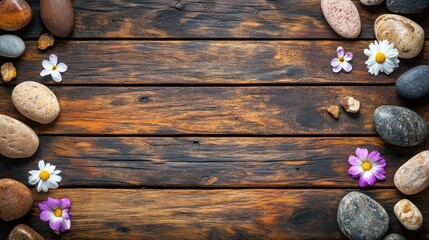 Wooden Background with Stones and Flowers