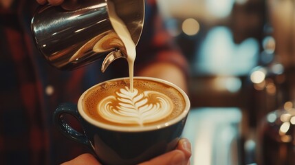 Barista pouring milk into coffee